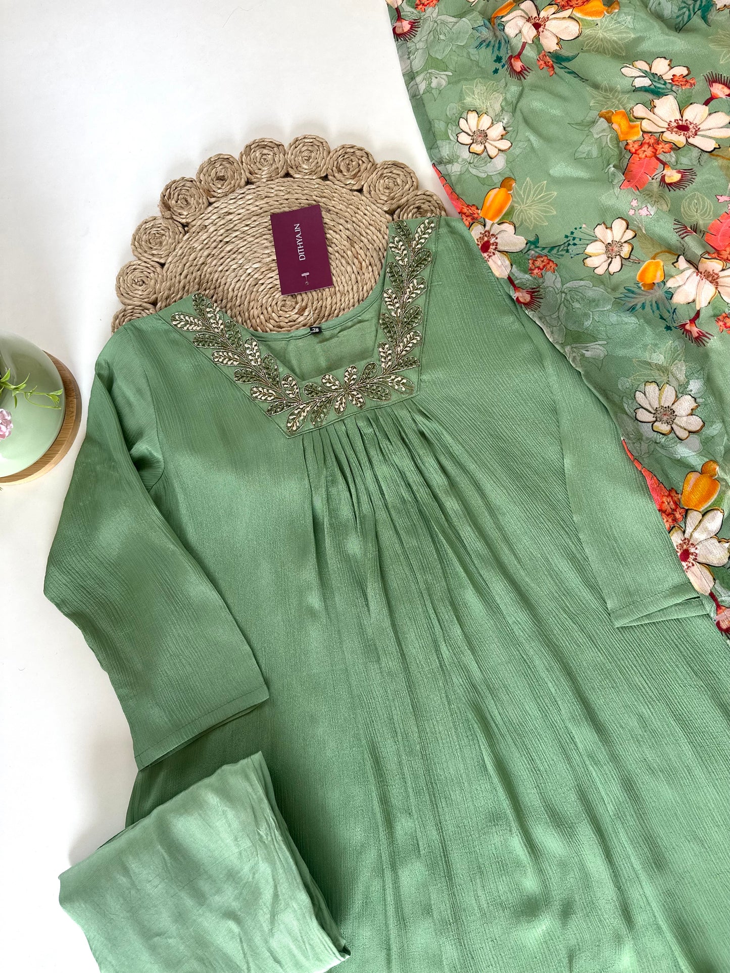 K281 - Chinnon Handwork Aline Kurti with pants and floral dupatta .