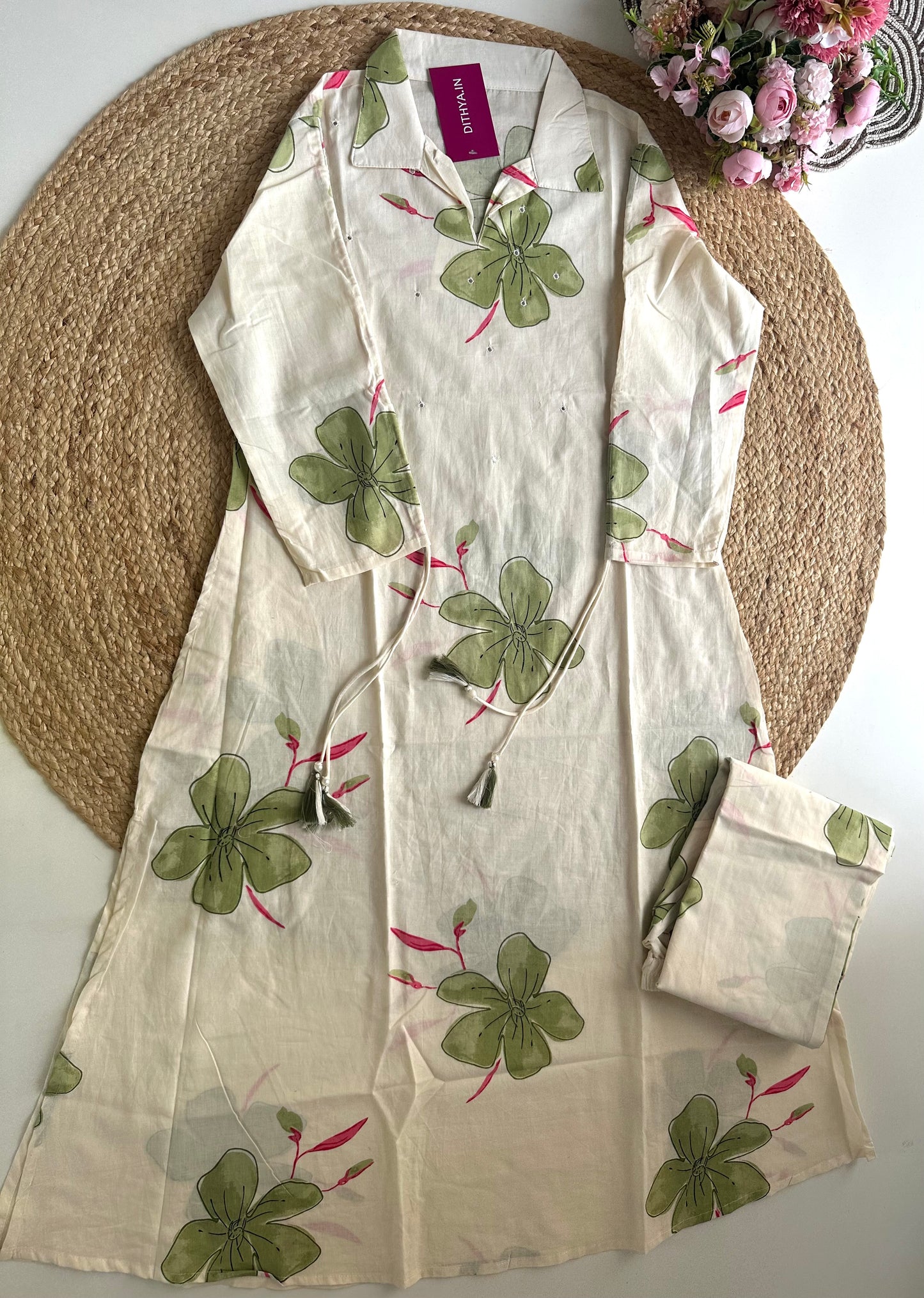 K441-Cotton Floral Aline Kurti with pants