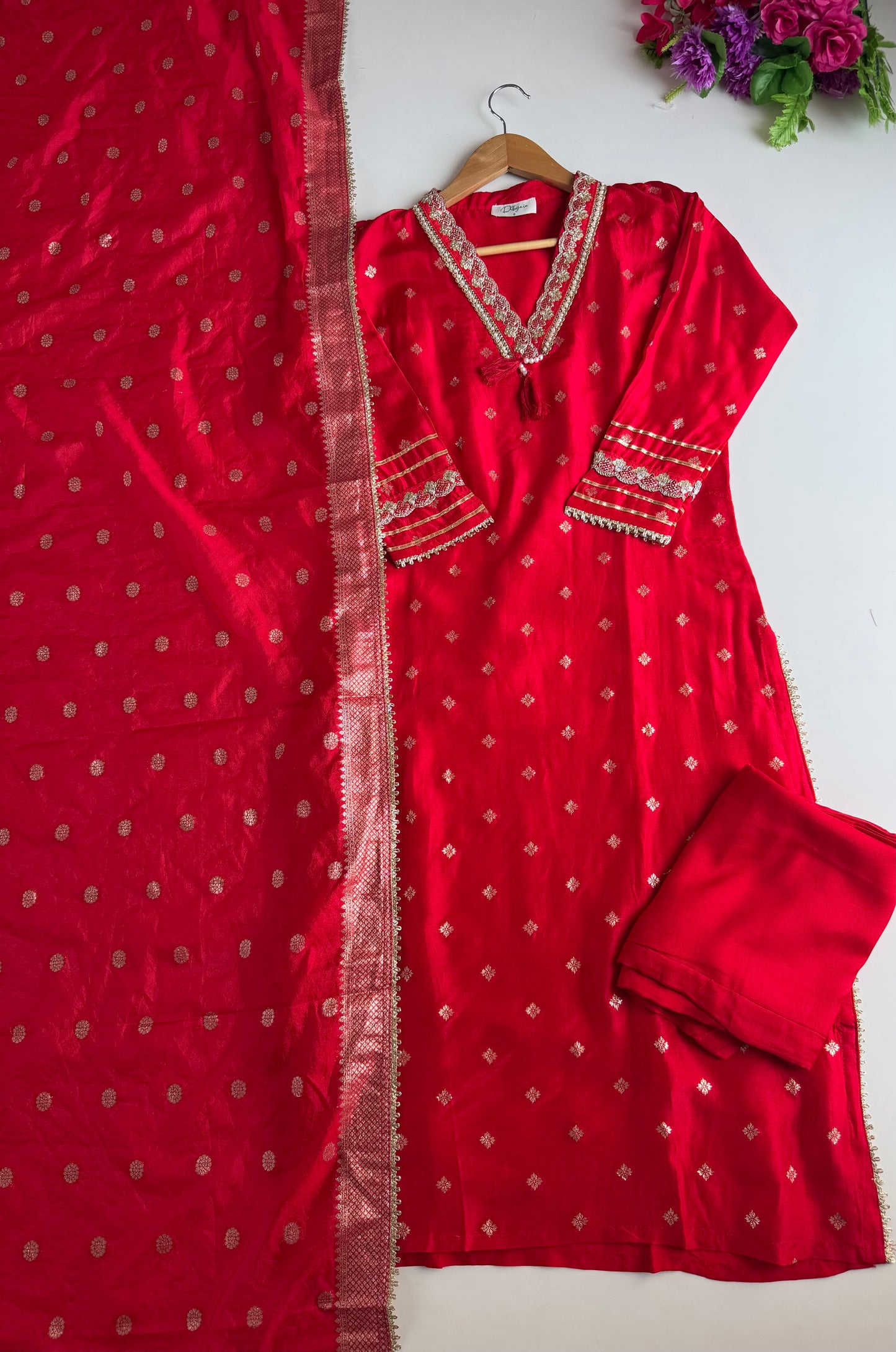 K519 - Jacquard silk straight Kurti with pants and dupatta in 2 colours