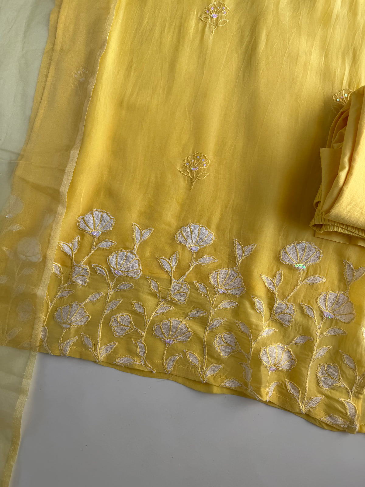 K704 - Viscose organza appliqué work straight Kurti with pants and dupatta