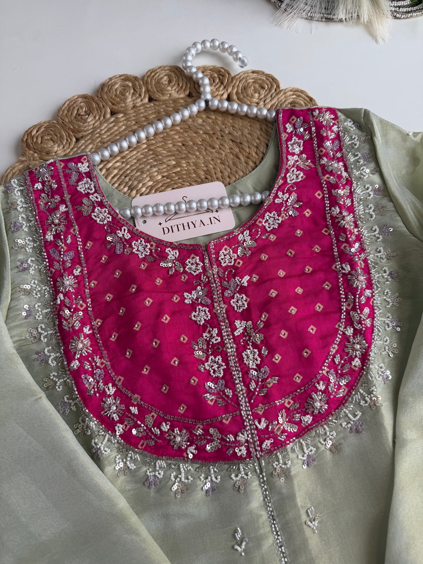 K018 - Tissue silk handwork short Kurti with divider pants