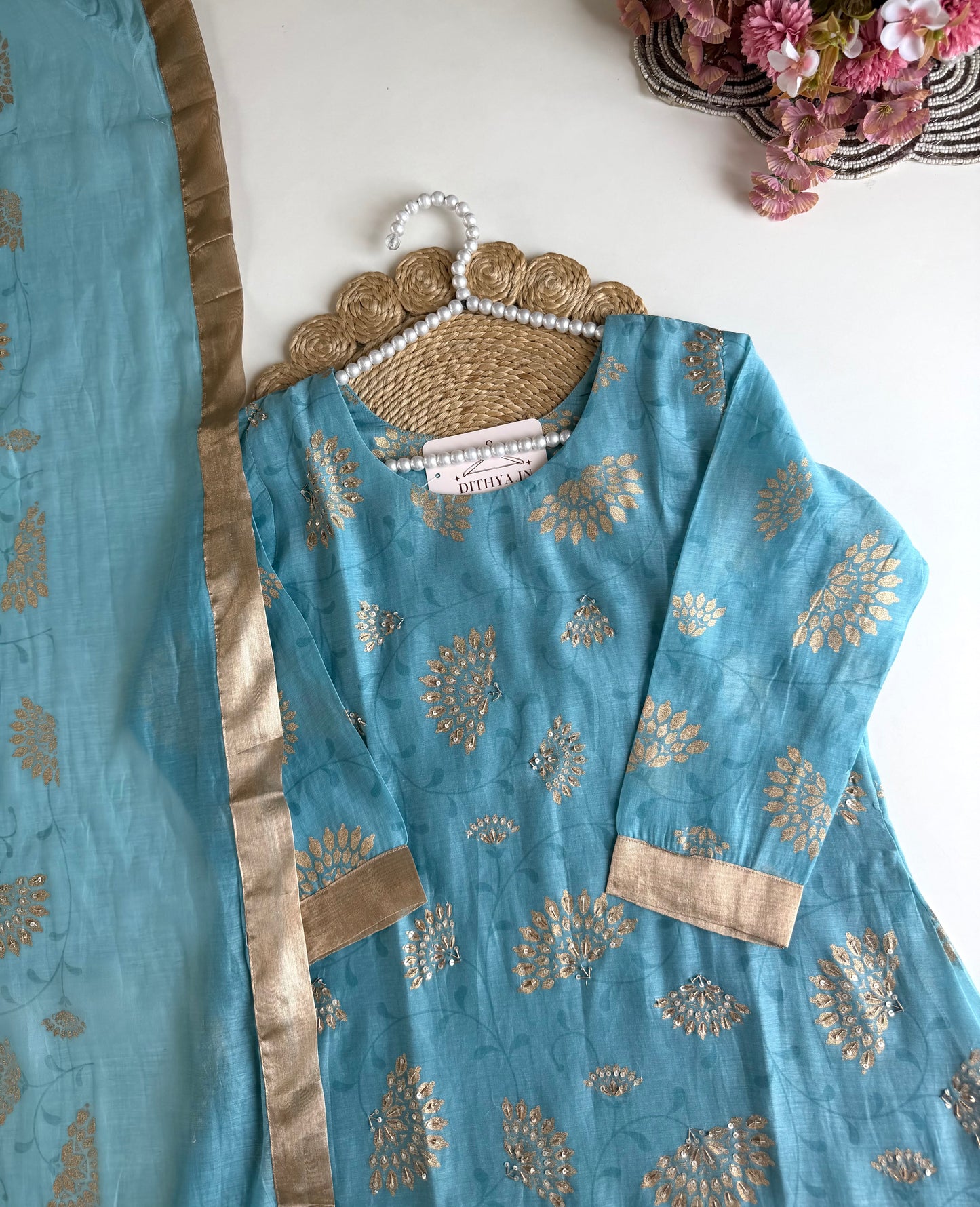 K502 - Mul chanderi handwork aline Kurti with pants and dupatta