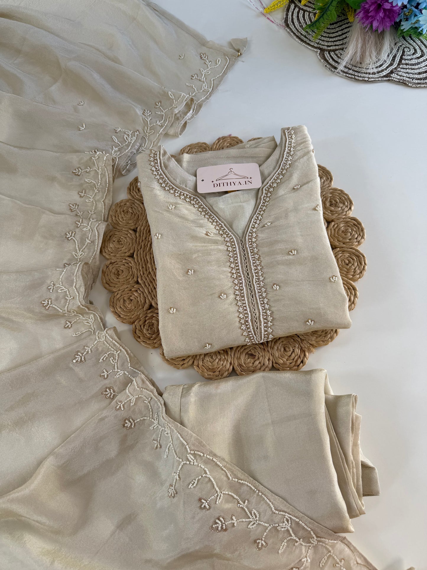 K602 - Tissue silk pearl work straight Kurti with pants and dupatta in 2 colours