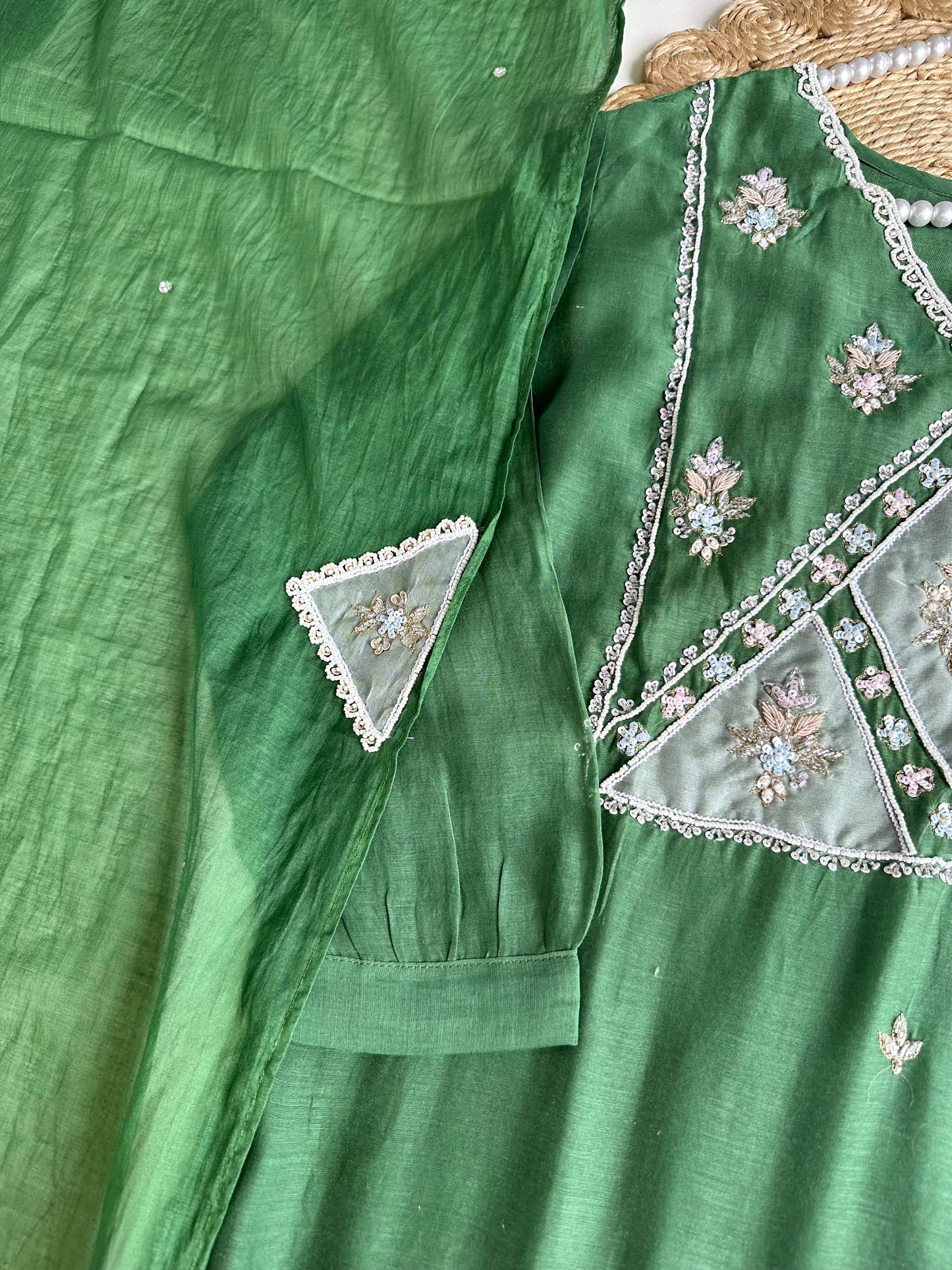 K329 - Mul Chanderi handwork straight Kurti with pants and dupatta