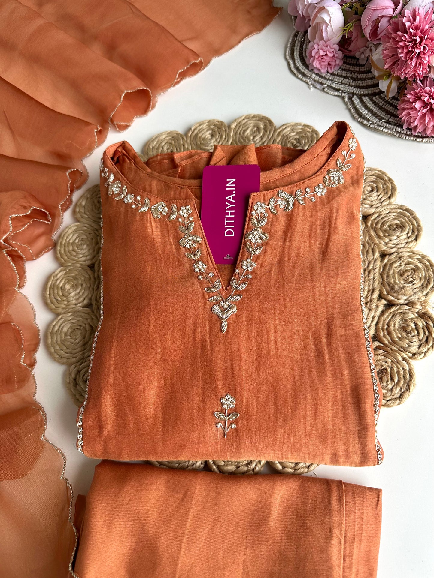 K160 - Mul Chanderi handwork Aline Kurti with pants and dupatta