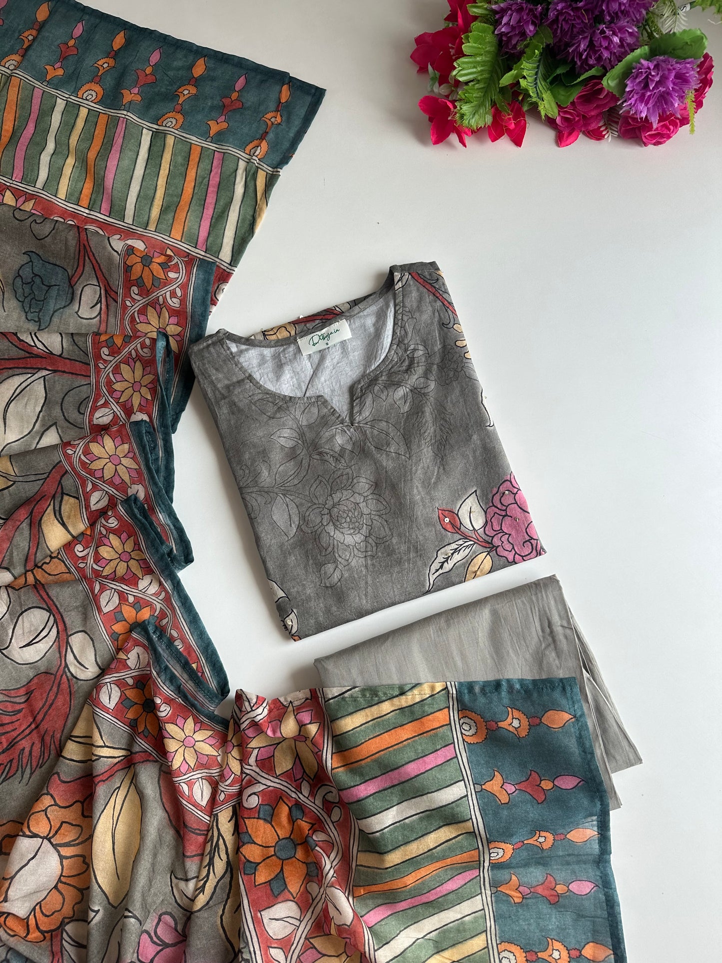 K403 - Mul cotton printed straight Kurti with pants and dupatta