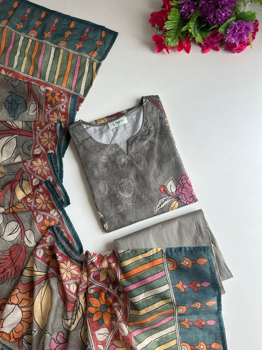 K403 - Mul cotton printed straight Kurti with pants and dupatta
