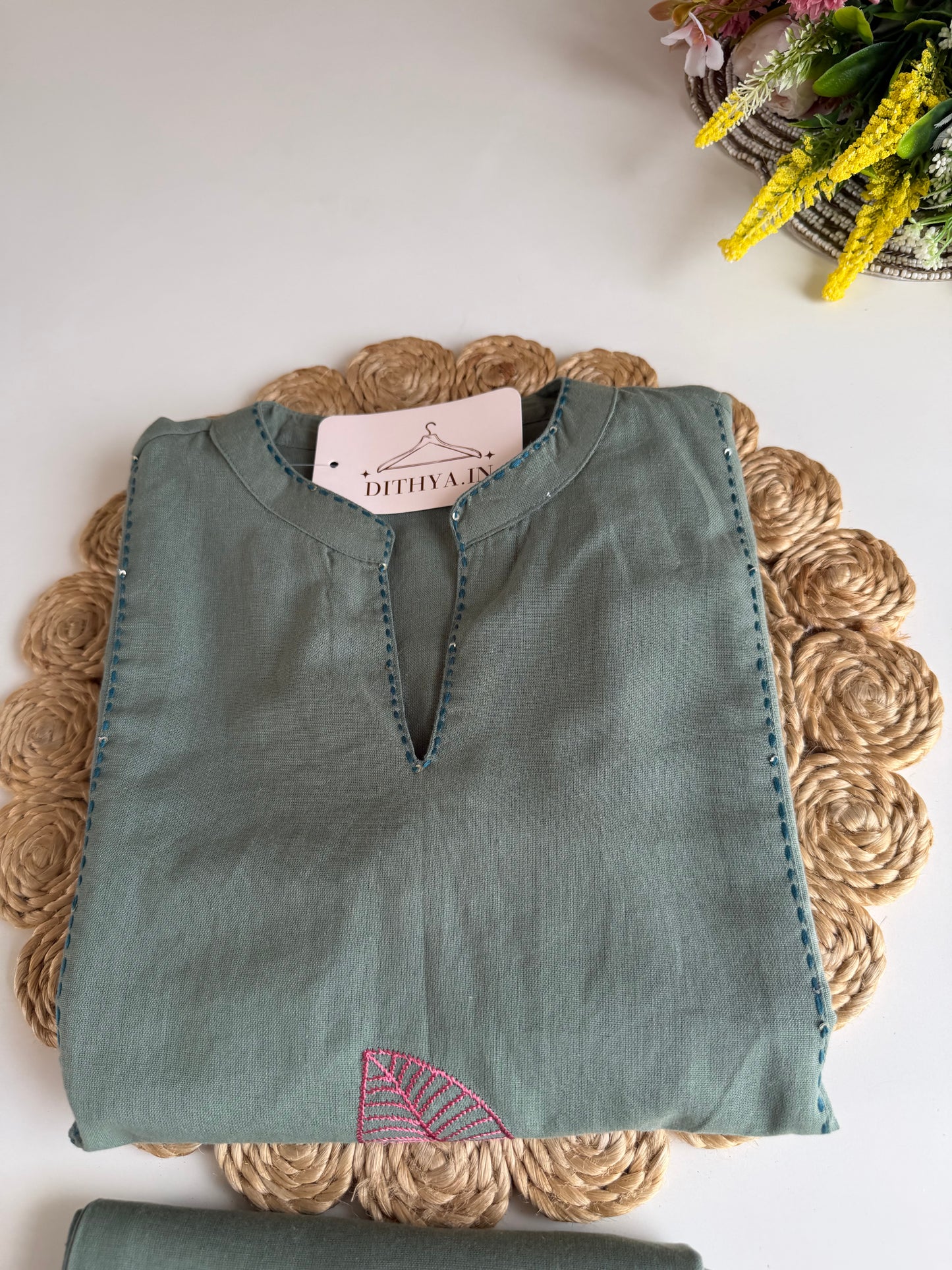 K660 - Linen cotton embroidered Aline Kurti with pants