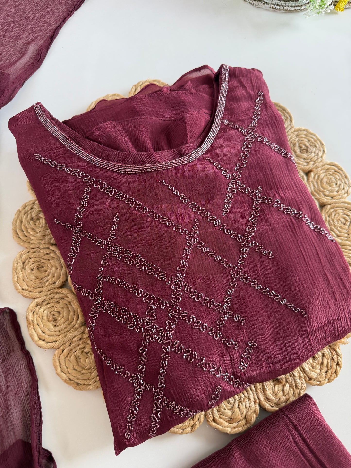 K488 - Chinnon handwork aline Kurti with pants and dupatta