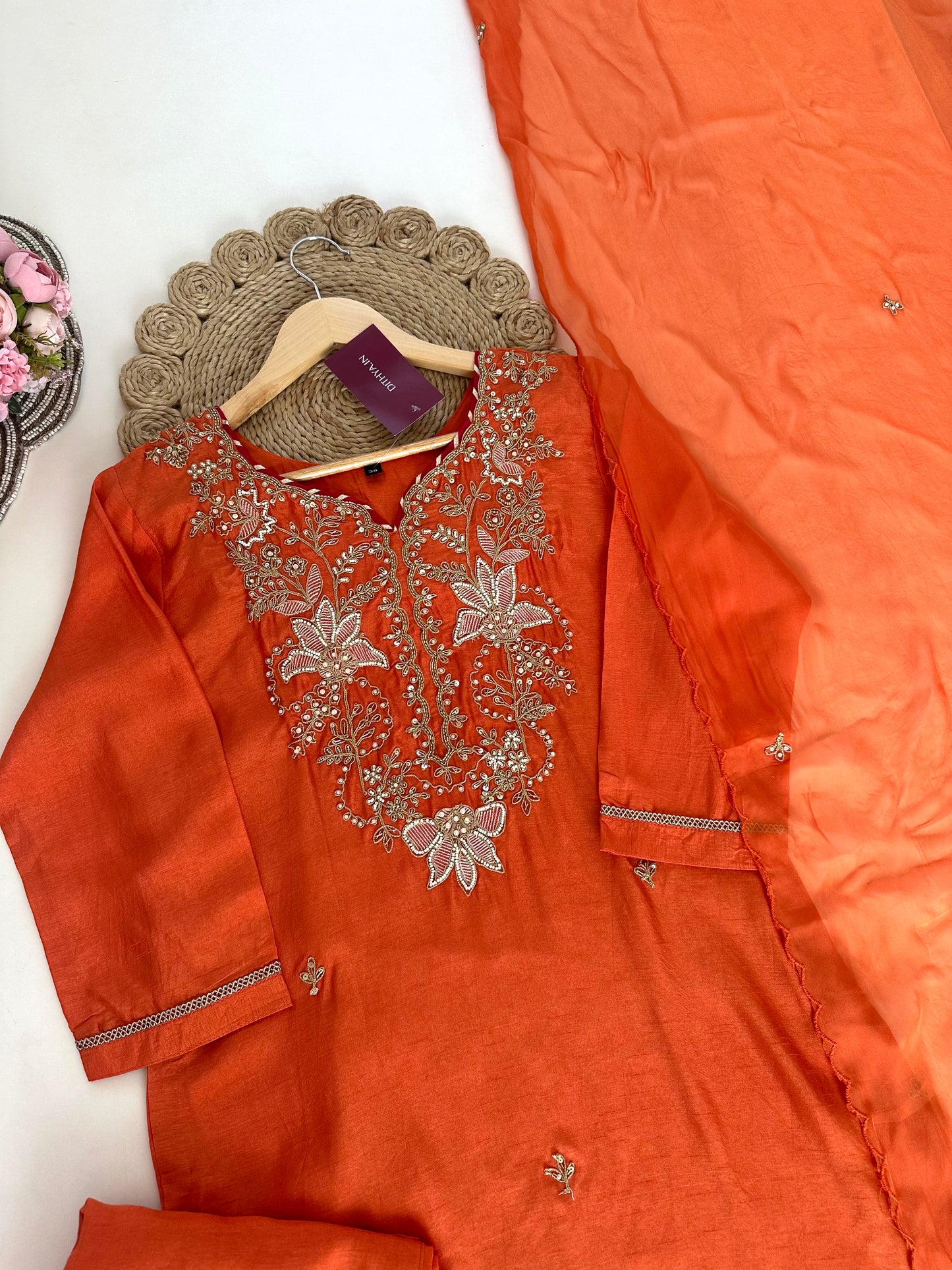 K181 - Russian silk handwork Straight kurti with straight pants and dupatta .