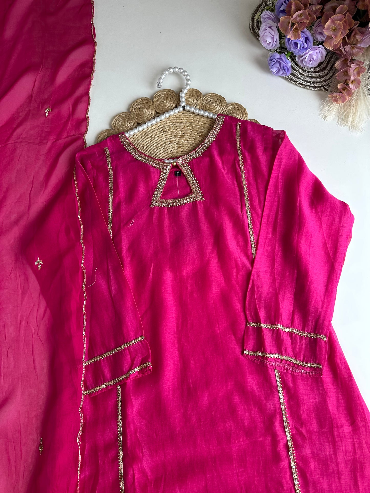K228 - Mul Chanderi handwork Aline Kurti with pants and dupatta