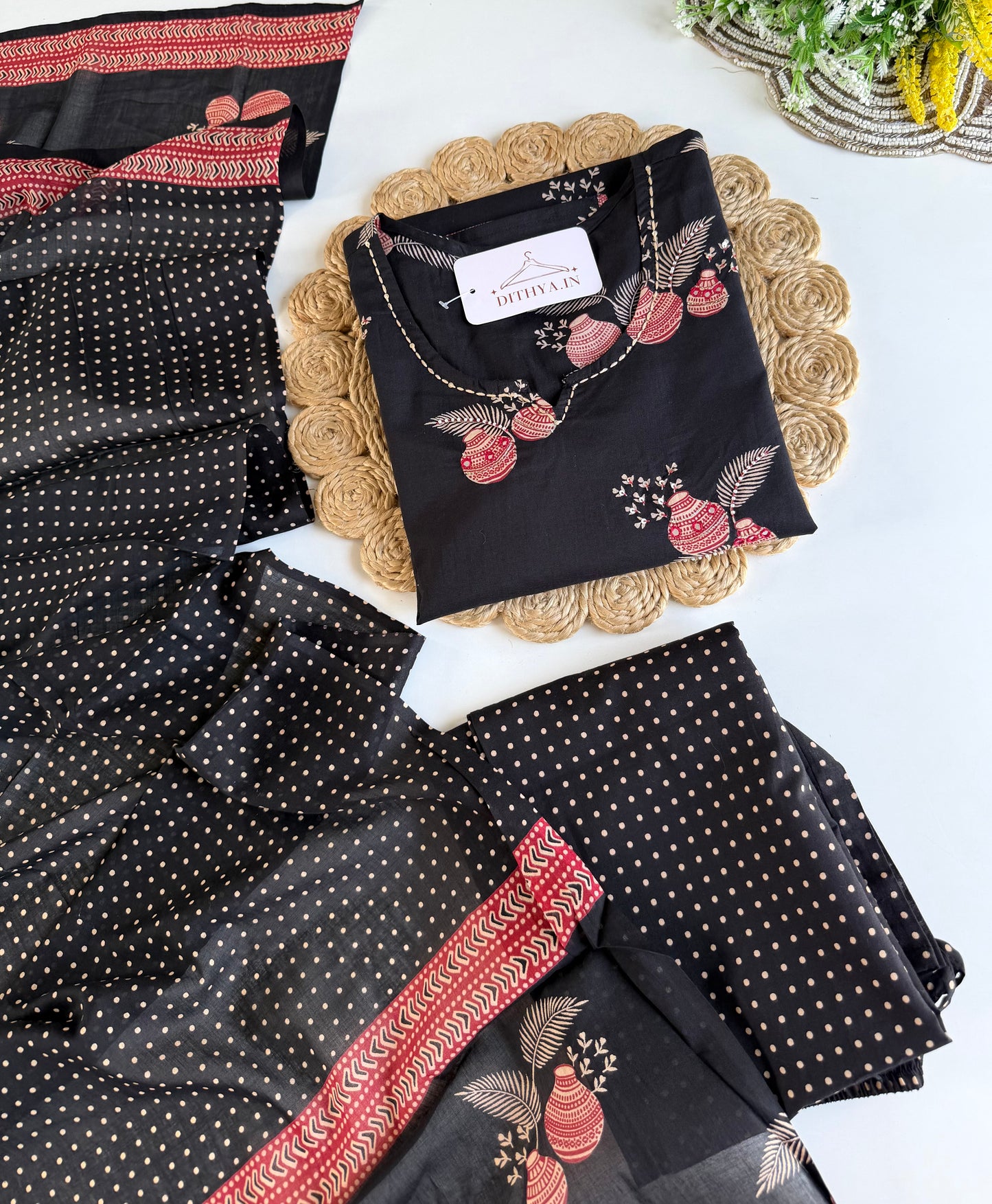 K691 - Mul cotton embroidered straight Kurti with pants and dupatta