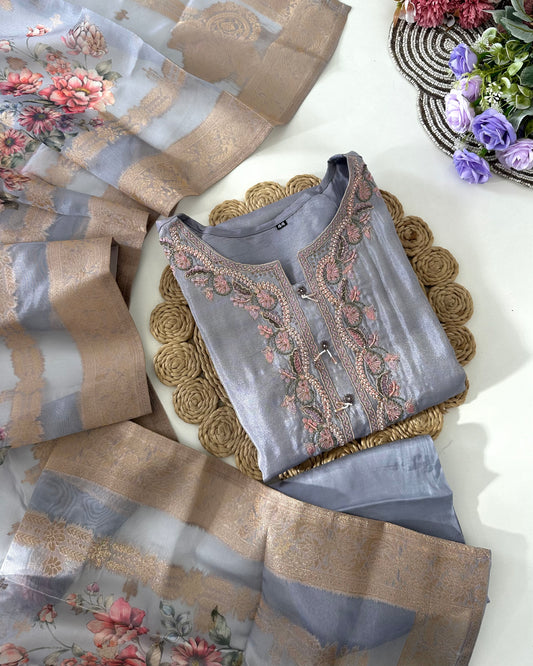 D040 -Tissue straight kurti with pants and dupatta