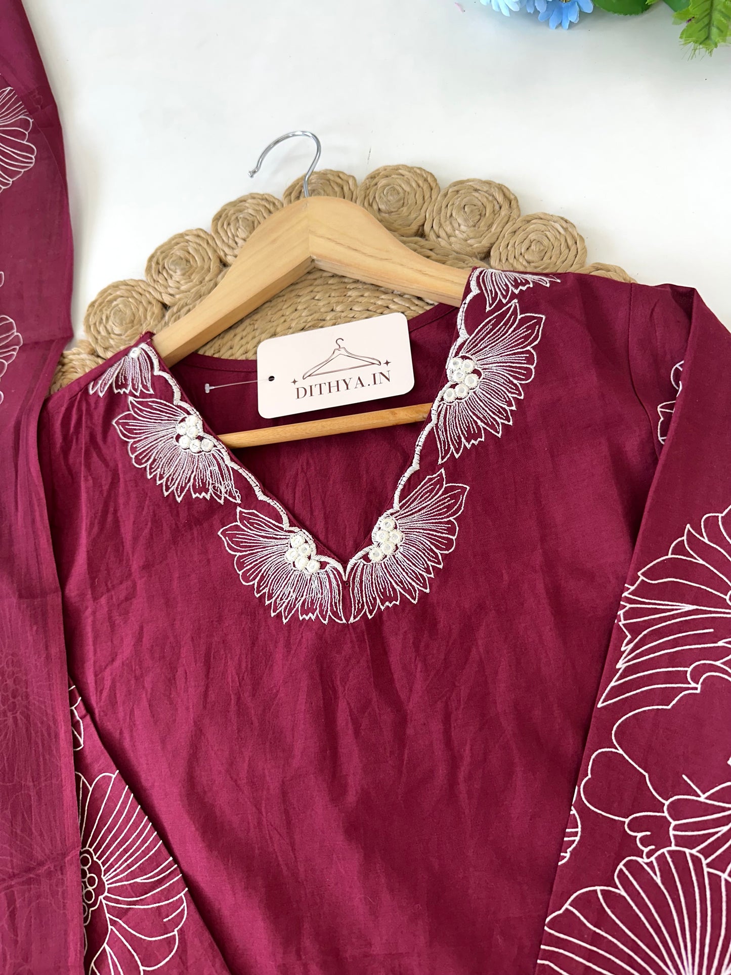 K075 - Mul cotton embroidered straight Kurti with pants and dupatta