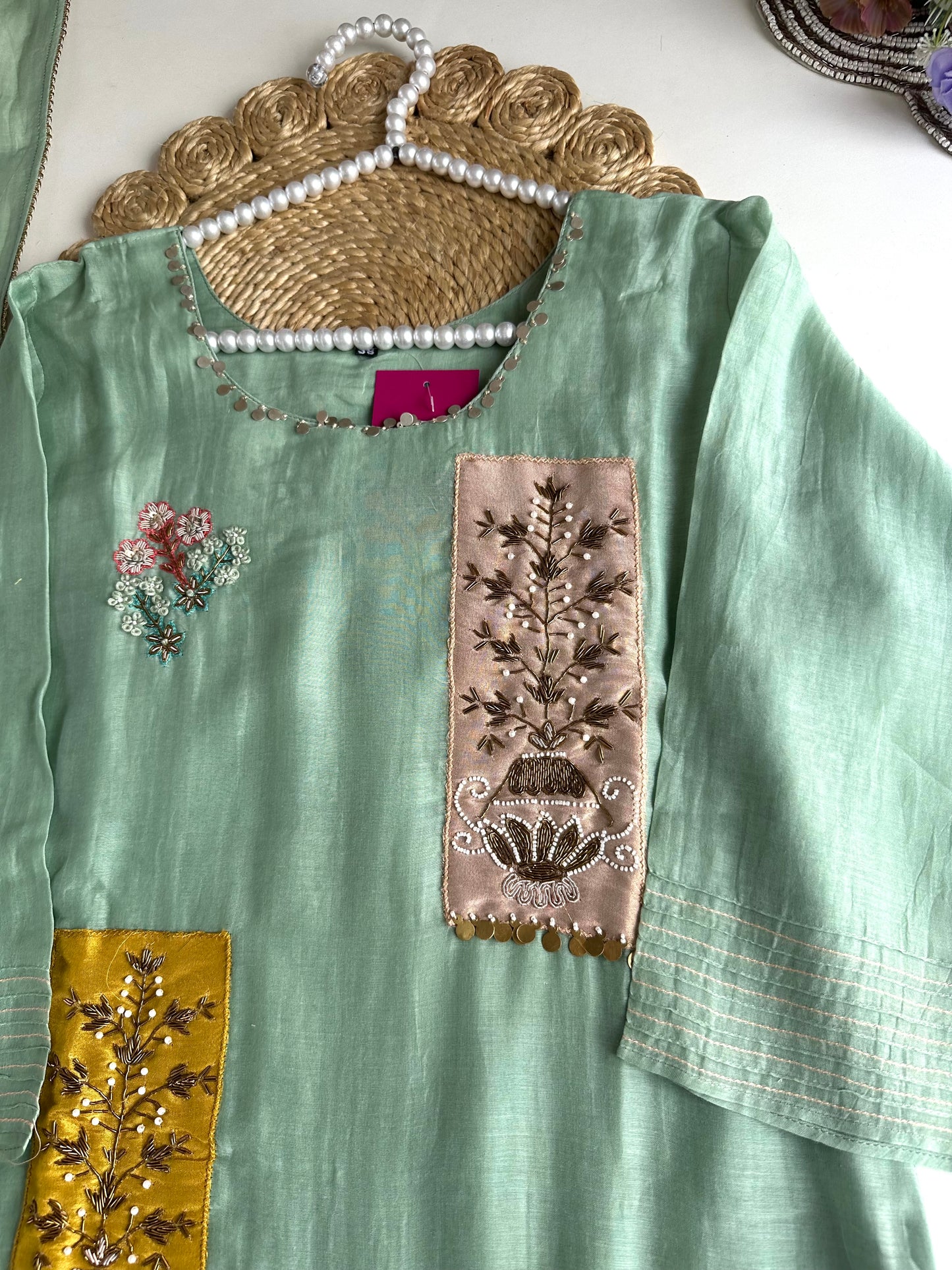 K121 - Mul Chanderi handwork Aline Kurti with pants and dupatta