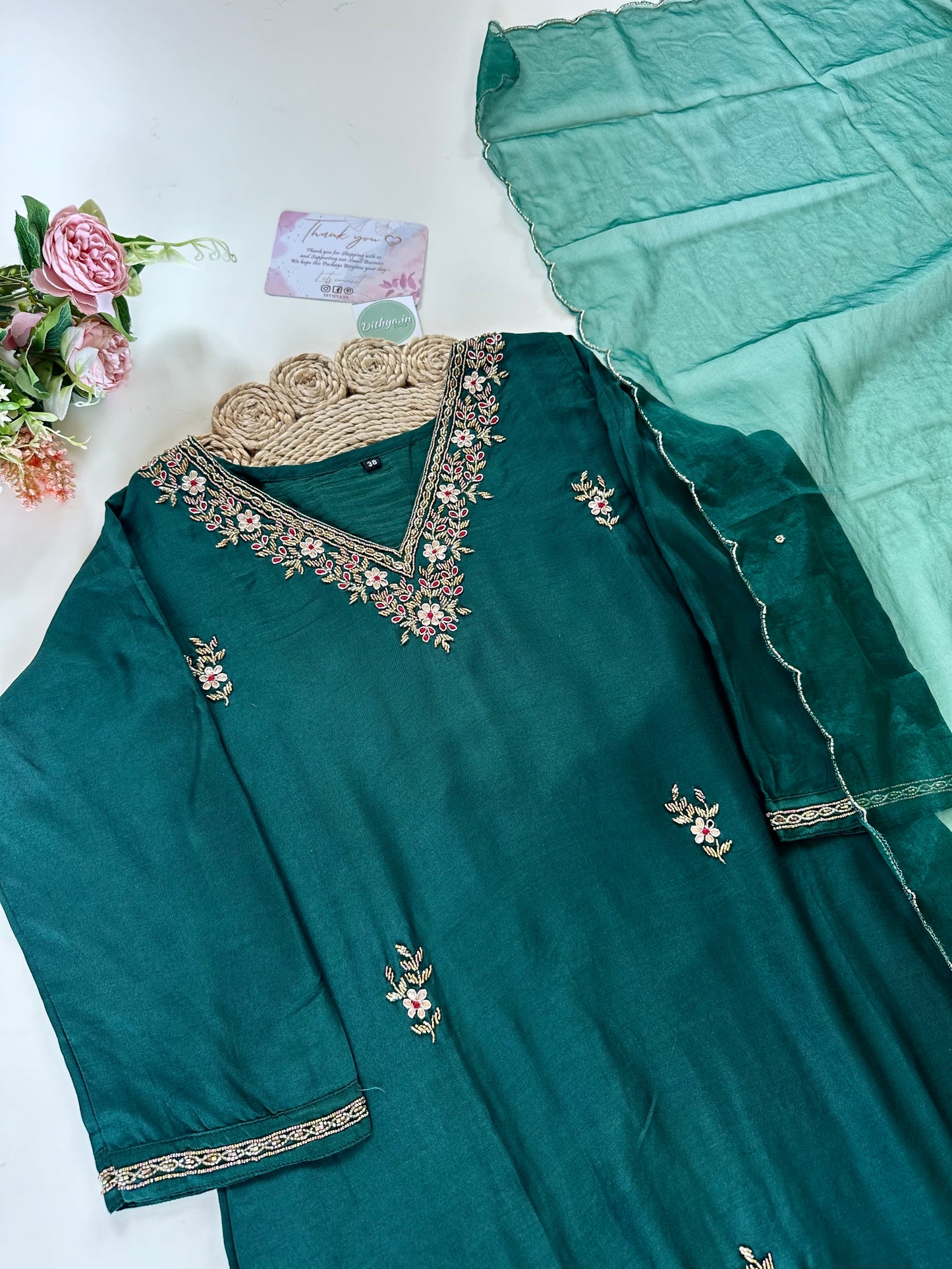 K315 - Muslin silk handwork straight kurti with straight pants and organza dupatta .