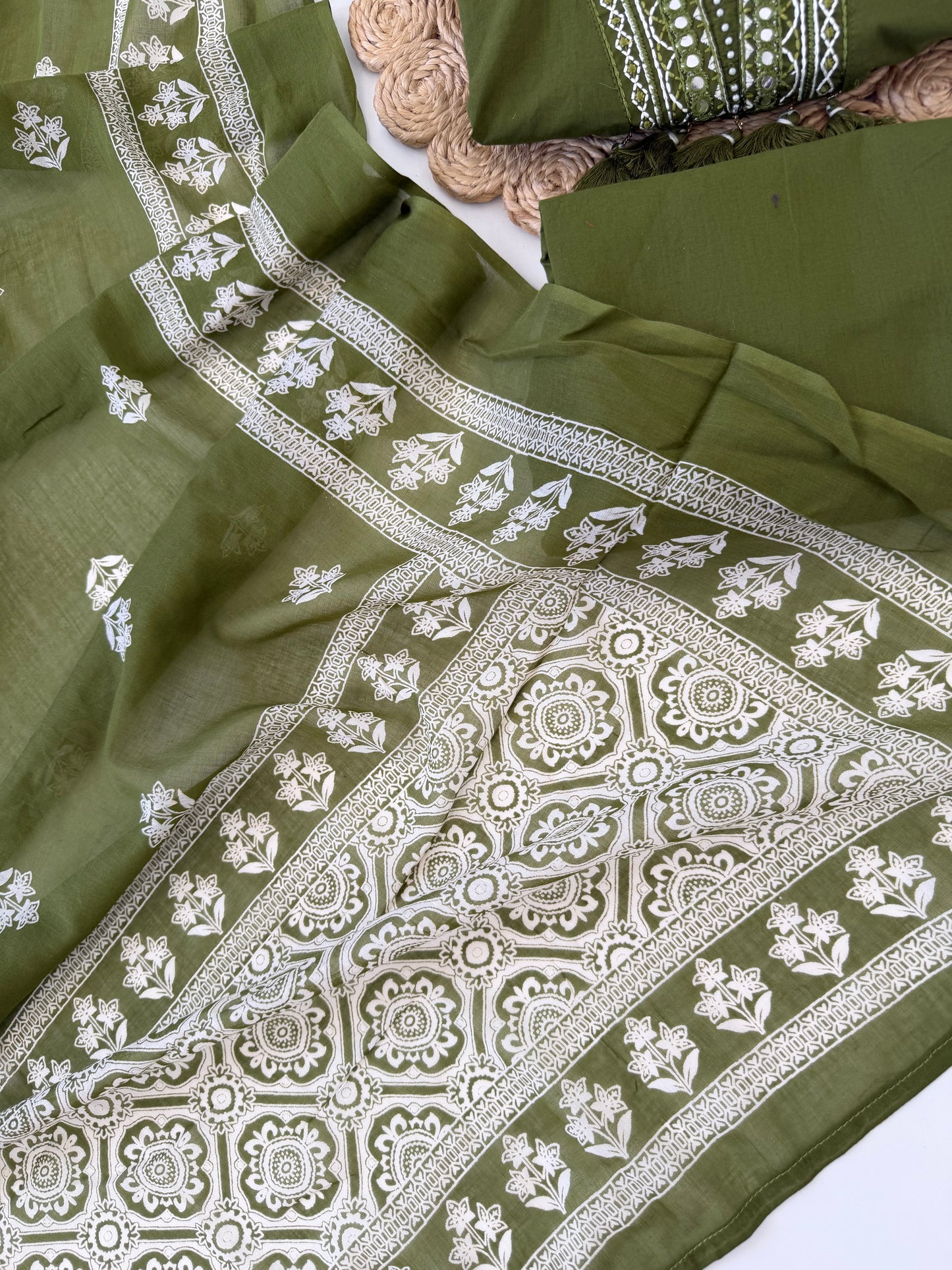 K259 - Mul cotton embroidered Aline Kurti with pants and dupatta