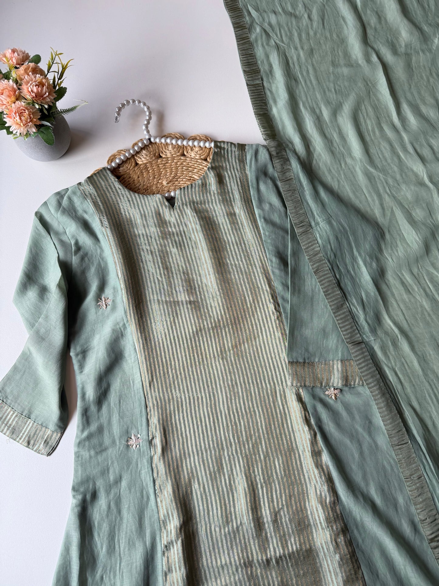 K551 - Mul chanderi handwork aline Kurti with pngs and dupatta