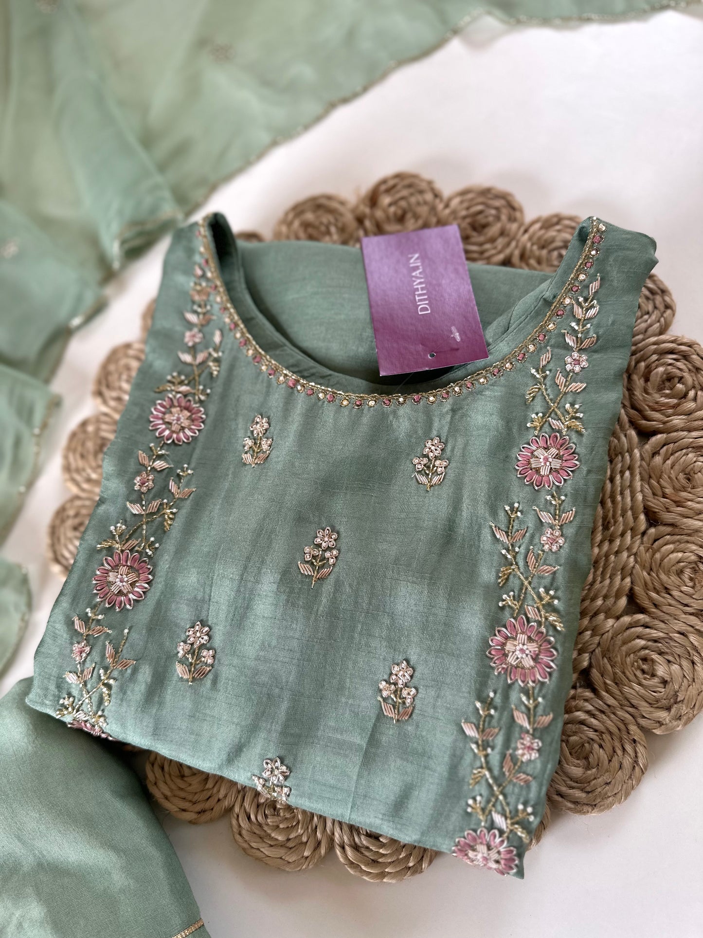 K326 - Handwork Russian silk kurti with palazzo and dupatta .