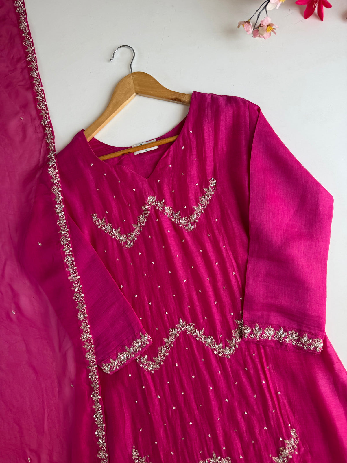 K210-Pure Banarasi Mul chanderi handwork aline Kurti with pants and dupatta