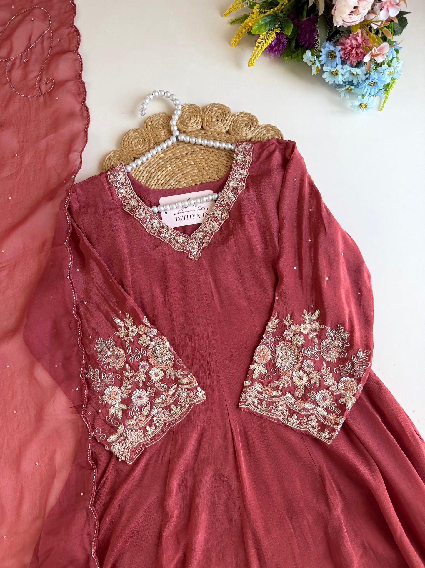 K131 - Pure Chinnon handwork Anarkali with pants and dupatta