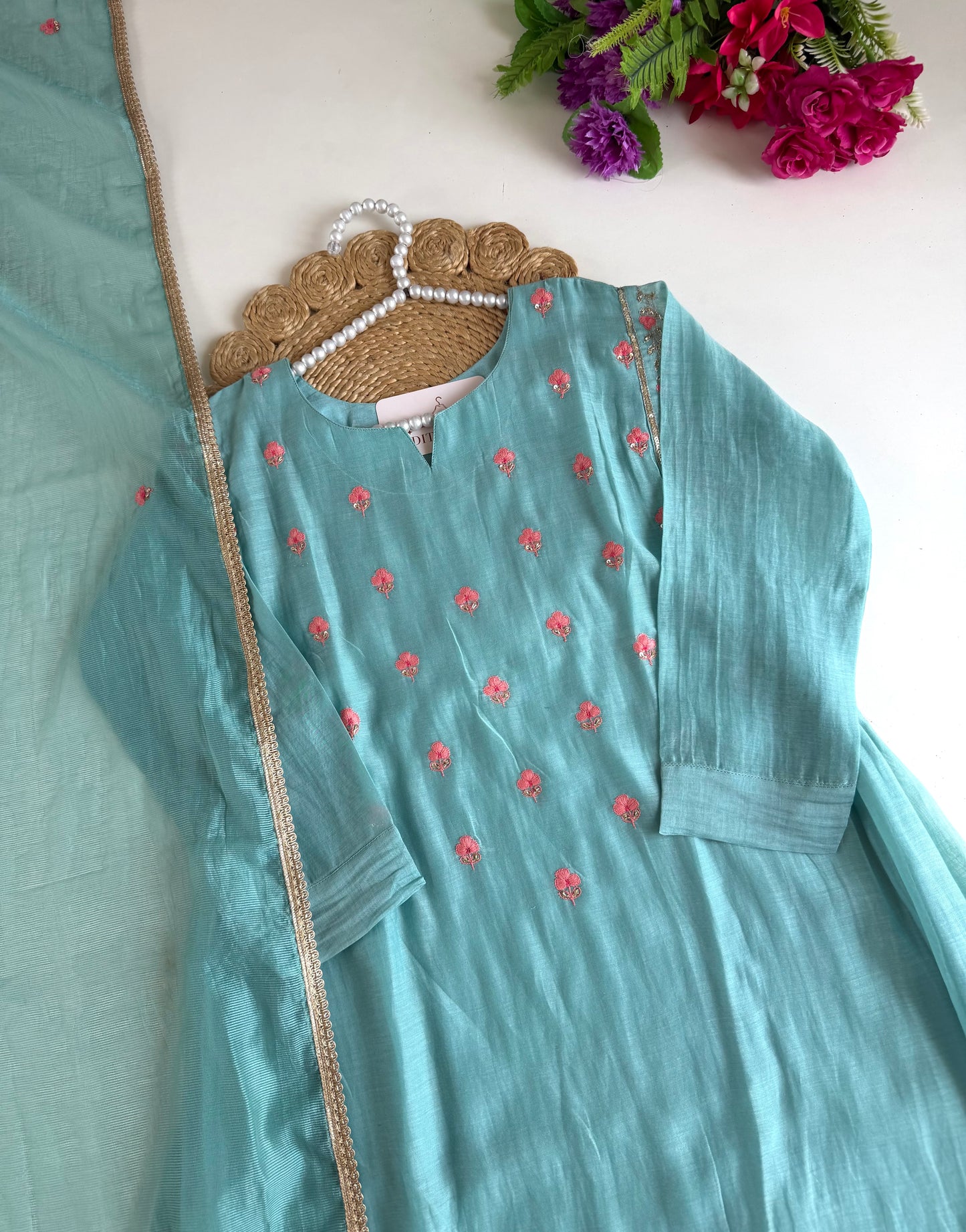 K644 - Mul chanderi handwork Anarkali with pants and dupatta