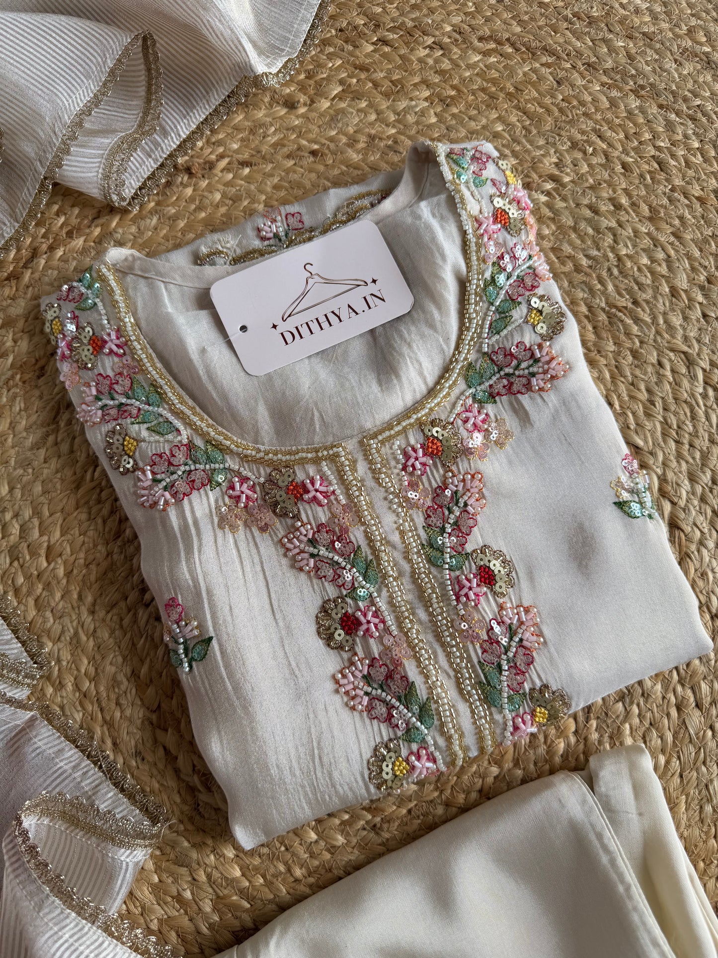 K681 - Tissue silk handwork straight Kurti with pants and dupatta