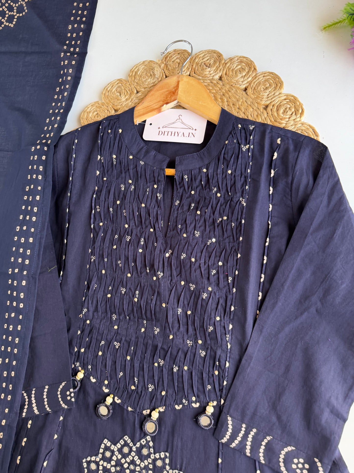 K273 - Mul cotton mirror work Anarkali with pants and dupatta in 4 colours