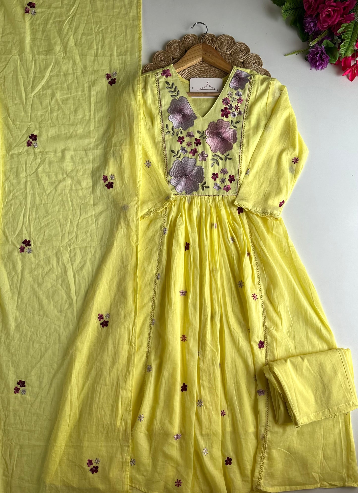 K246 - Mul cotton embroidered Anarkali with pants and dupatta