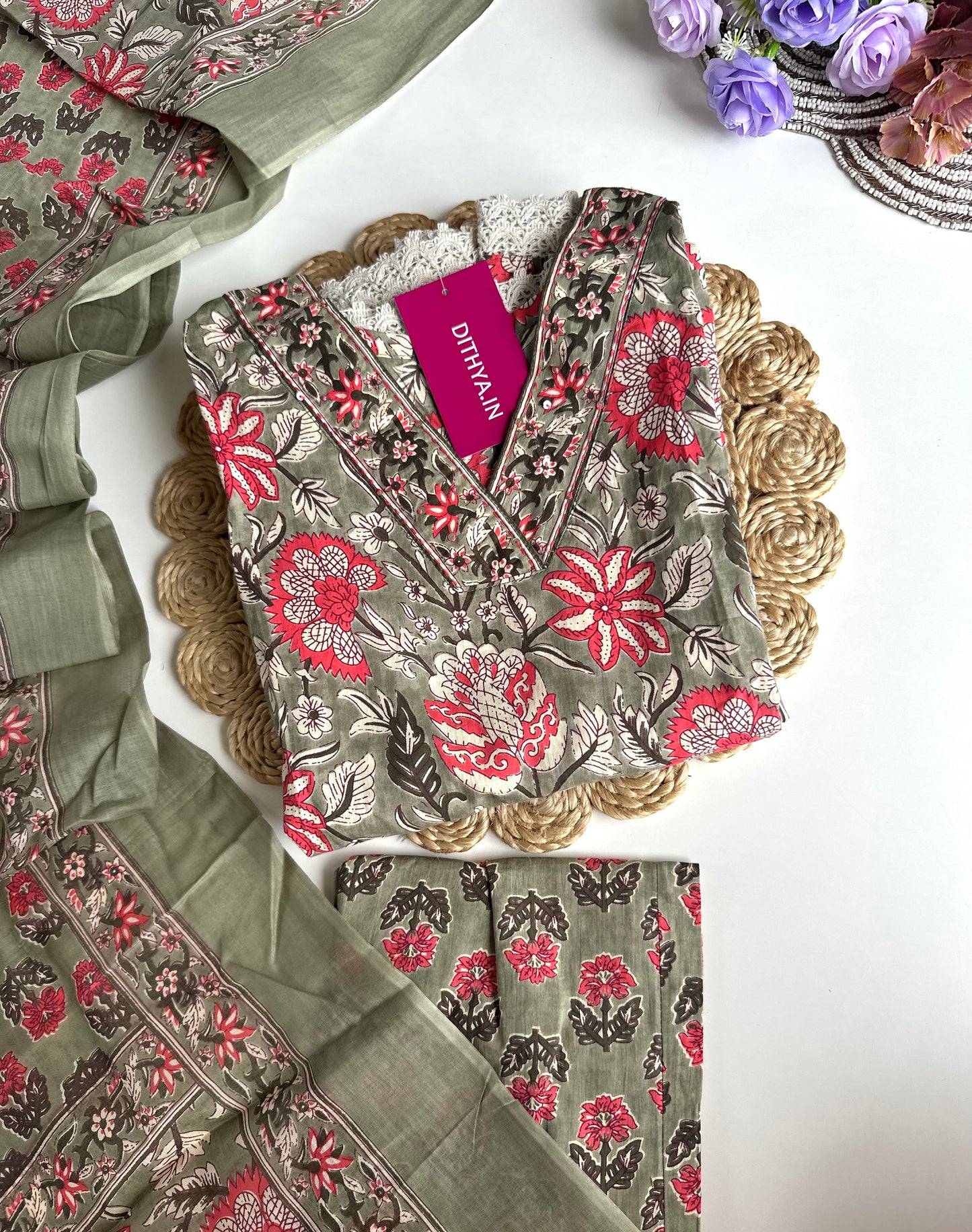 K103 - Cotton floral Anarkali with pants and dupatta