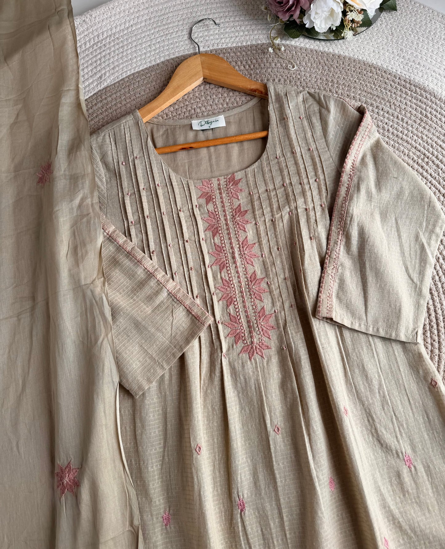 K226 - Mul cotton embroidered Aline Kurti with pants and dupatta in 2 colours