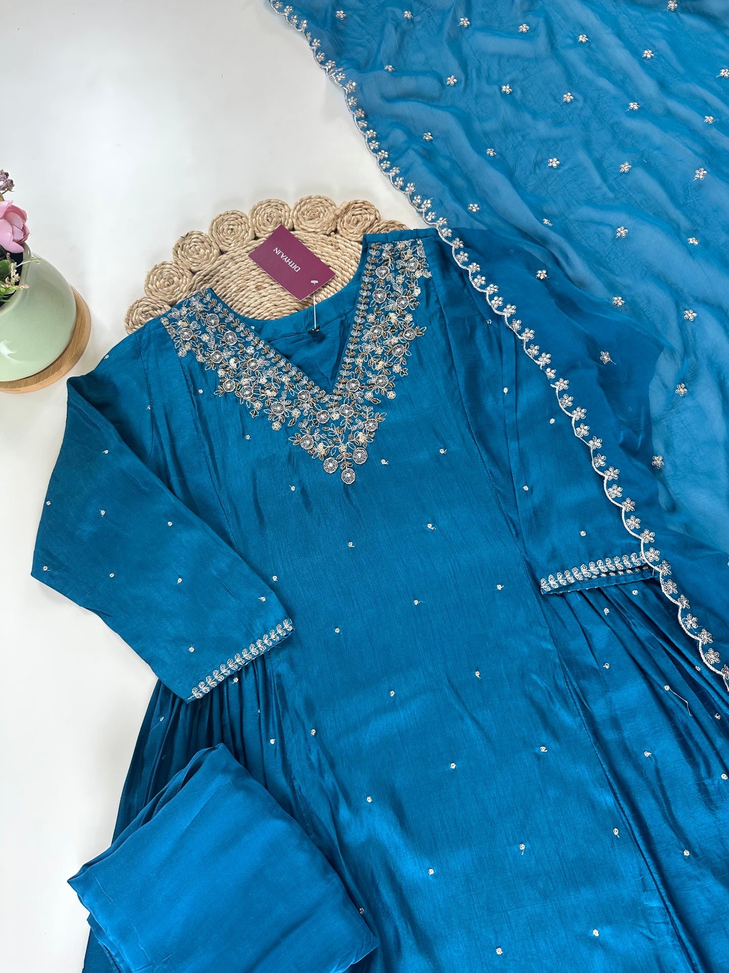 K039 - Russian silk handwork Anarkali with pants and organza dupatta .