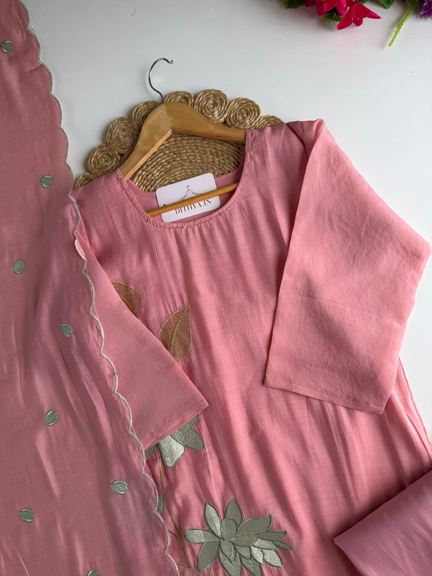 K486 - Muslin embroidered straight Kurti with pants and dupatta