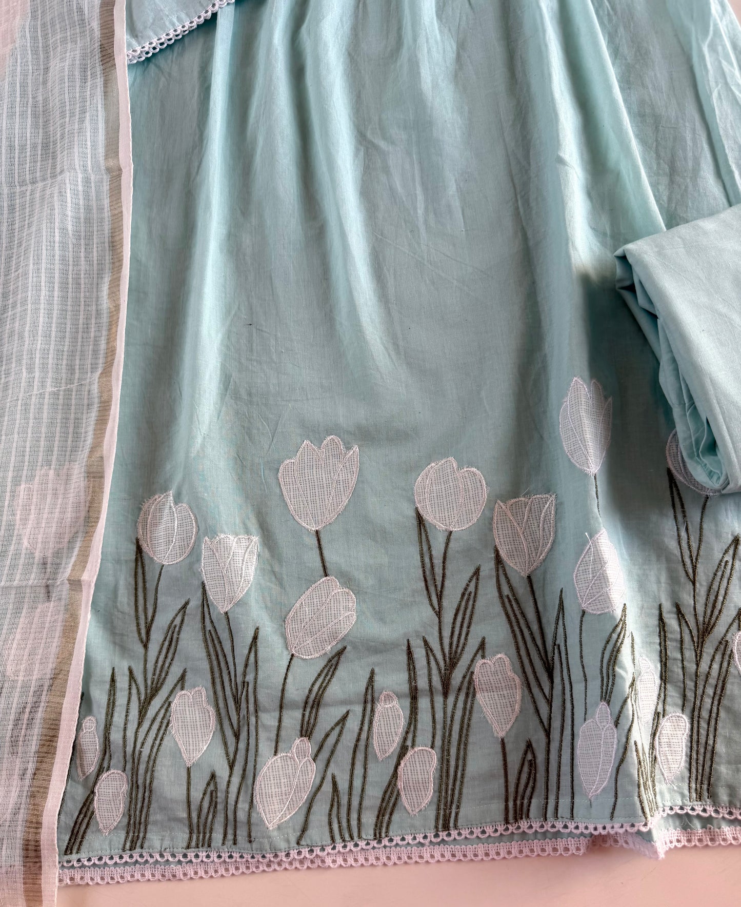K399 - Mul cotton embroidered Aline Kurti with pants and dupatta