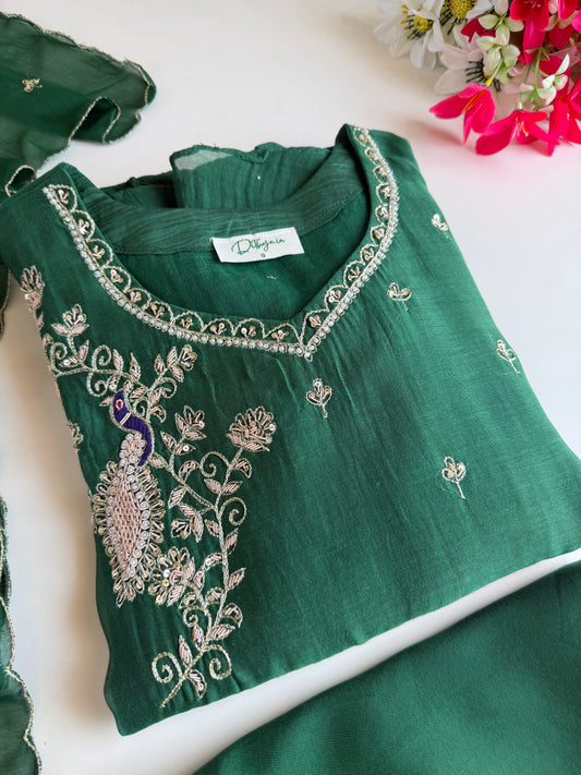 K691 - Banarasi Mul chanderi handwork Aline Kurti with pants and dupatta