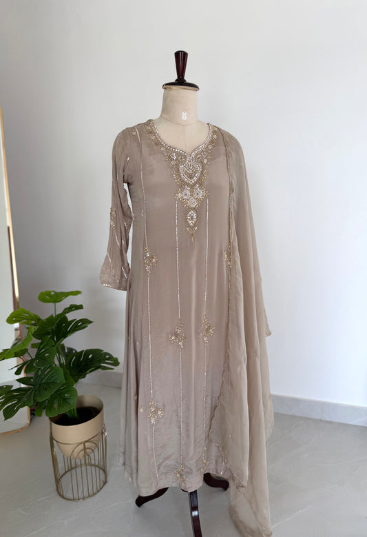 K286 - Pure Chinnon handwork Anarkali with pants and dupatta