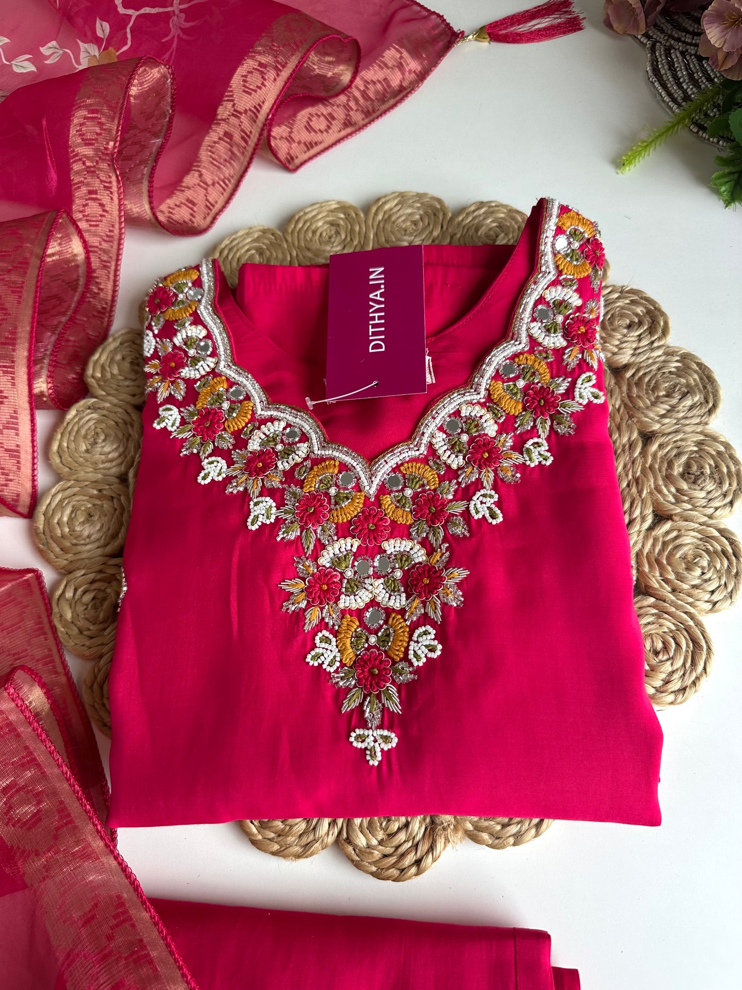 K274 - Roman silk handwork straight Kurti with pants and dupatta