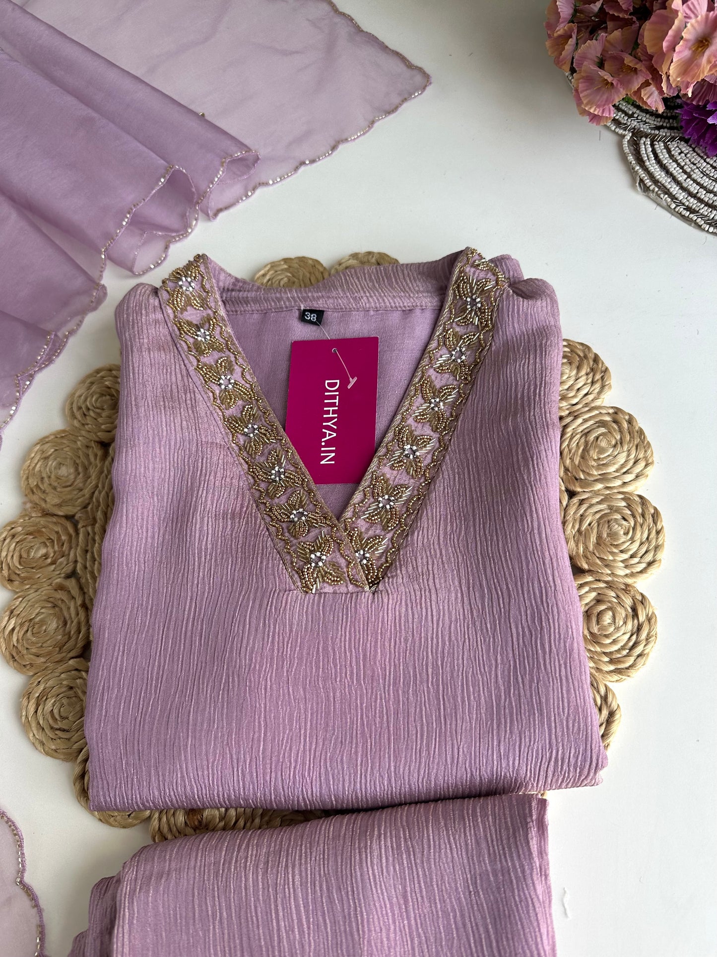 K057 - Crush tissue handwork straight Kurti with pants and dupatta in 2 colours