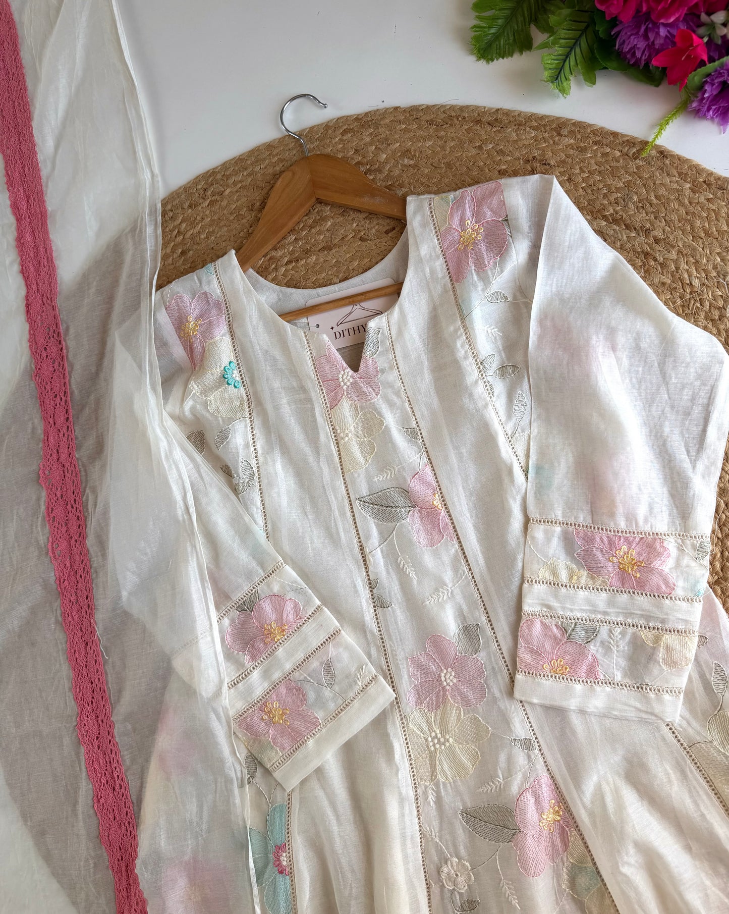 K032 - Mul chanderi embroidered Anarkali with pants and dupatta