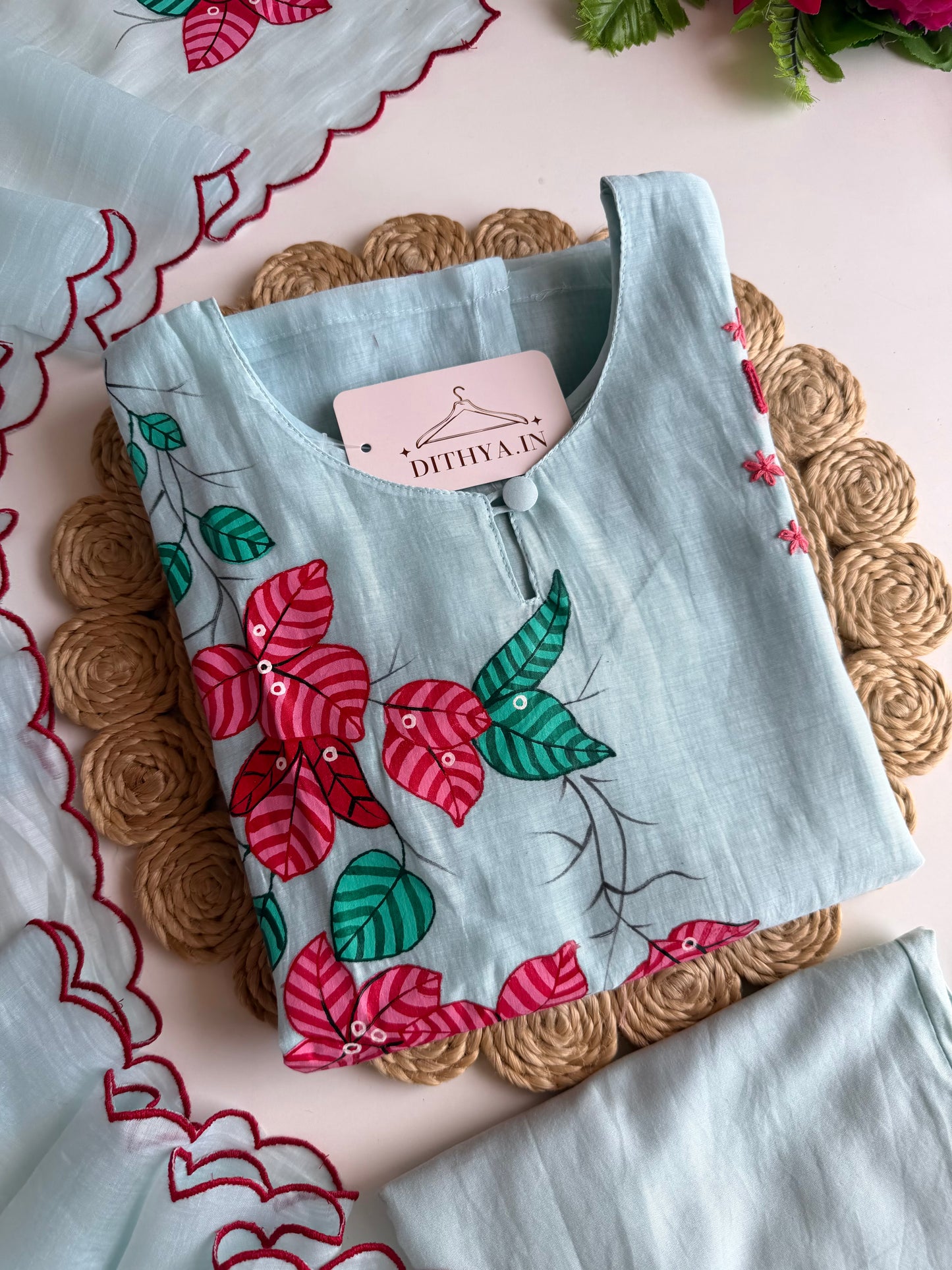 K611 - Mul chanderi hand painted & embroidered straight Kurti with pants and dupatta
