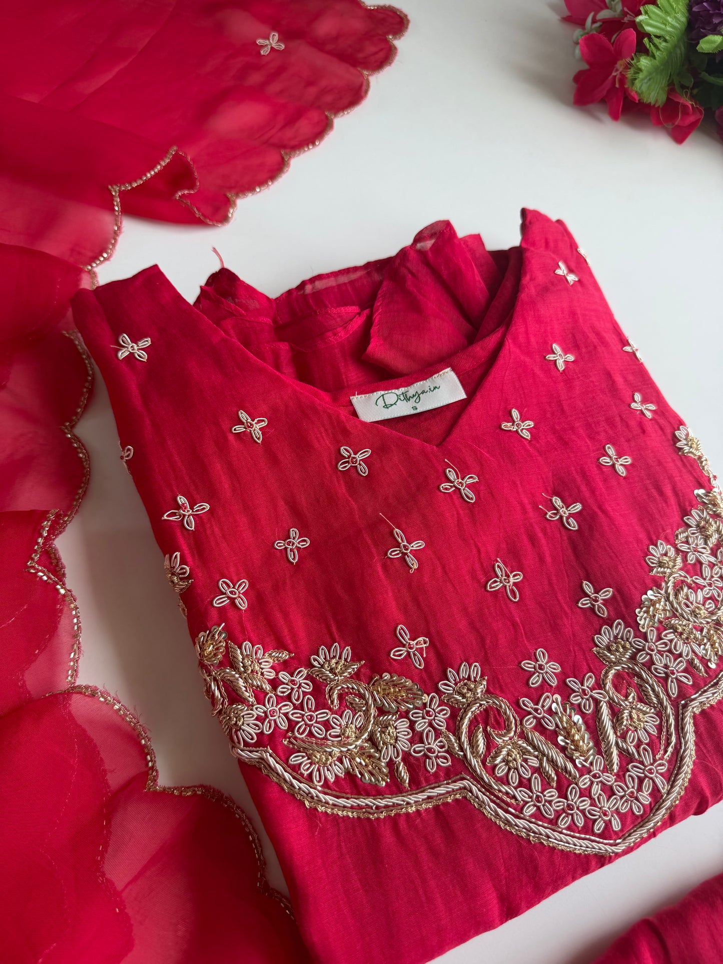 K328 - Mul chanderi handwork aline Kurti with pants and dupatta in 2 colours