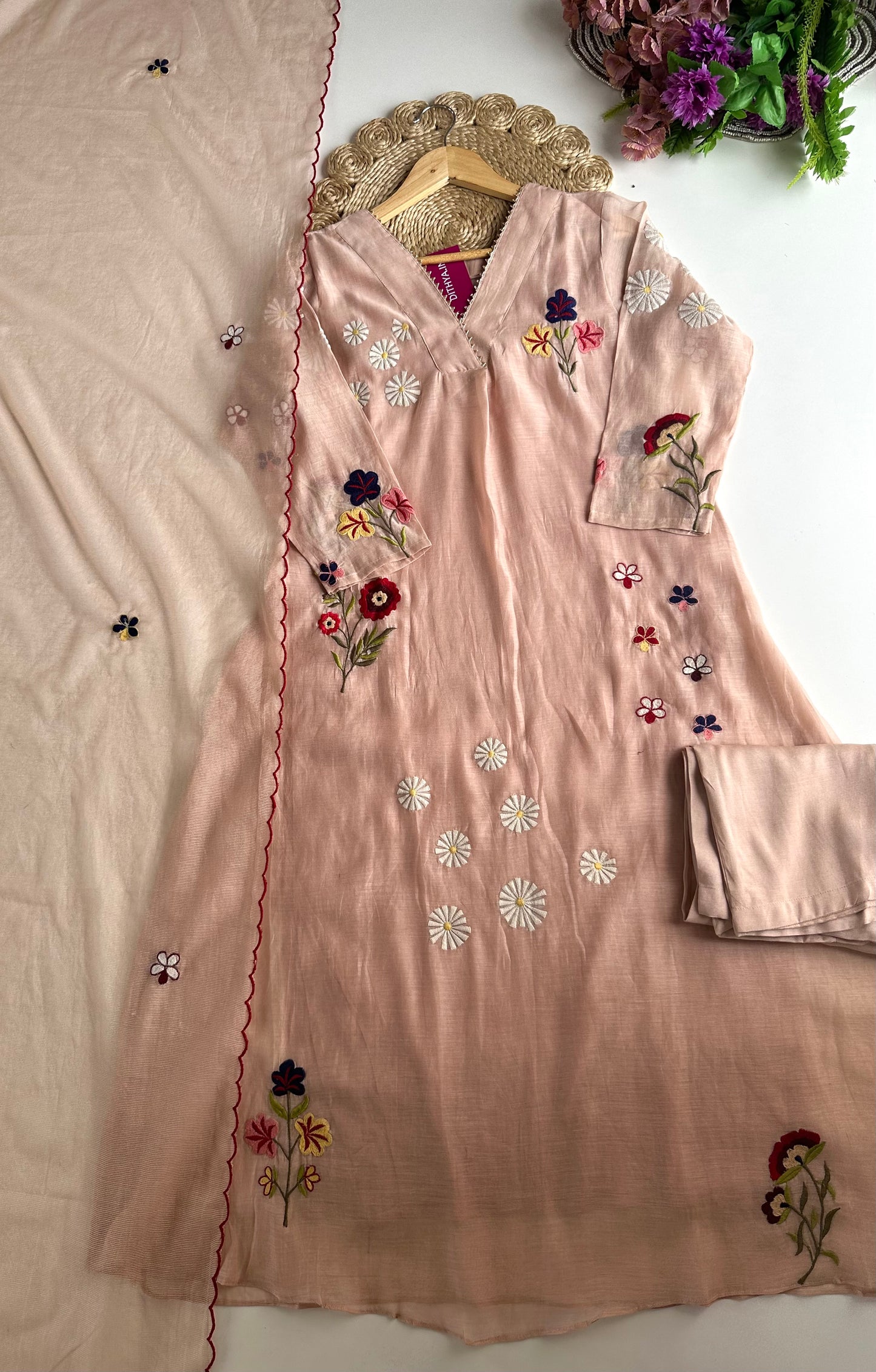 K302 - Mul Chanderi Appliqué work Aline Kurti with pants and dupatta