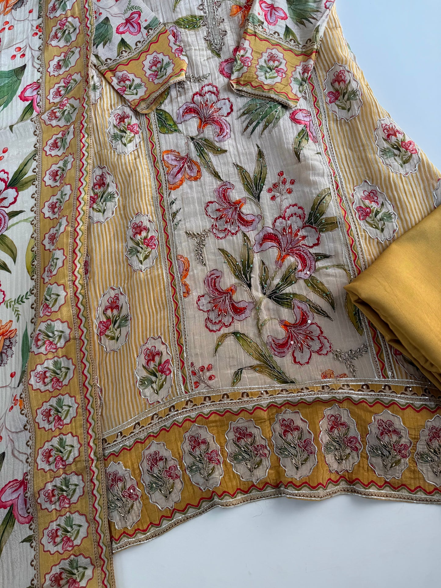 K645-Crush tissue silk handwork Aline Kurti with pants and dupatta