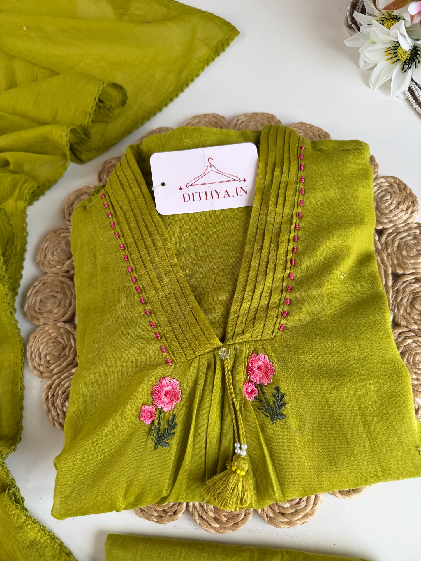 K630 - Mul cotton embroidered Aline Kurti with pants and dupatta