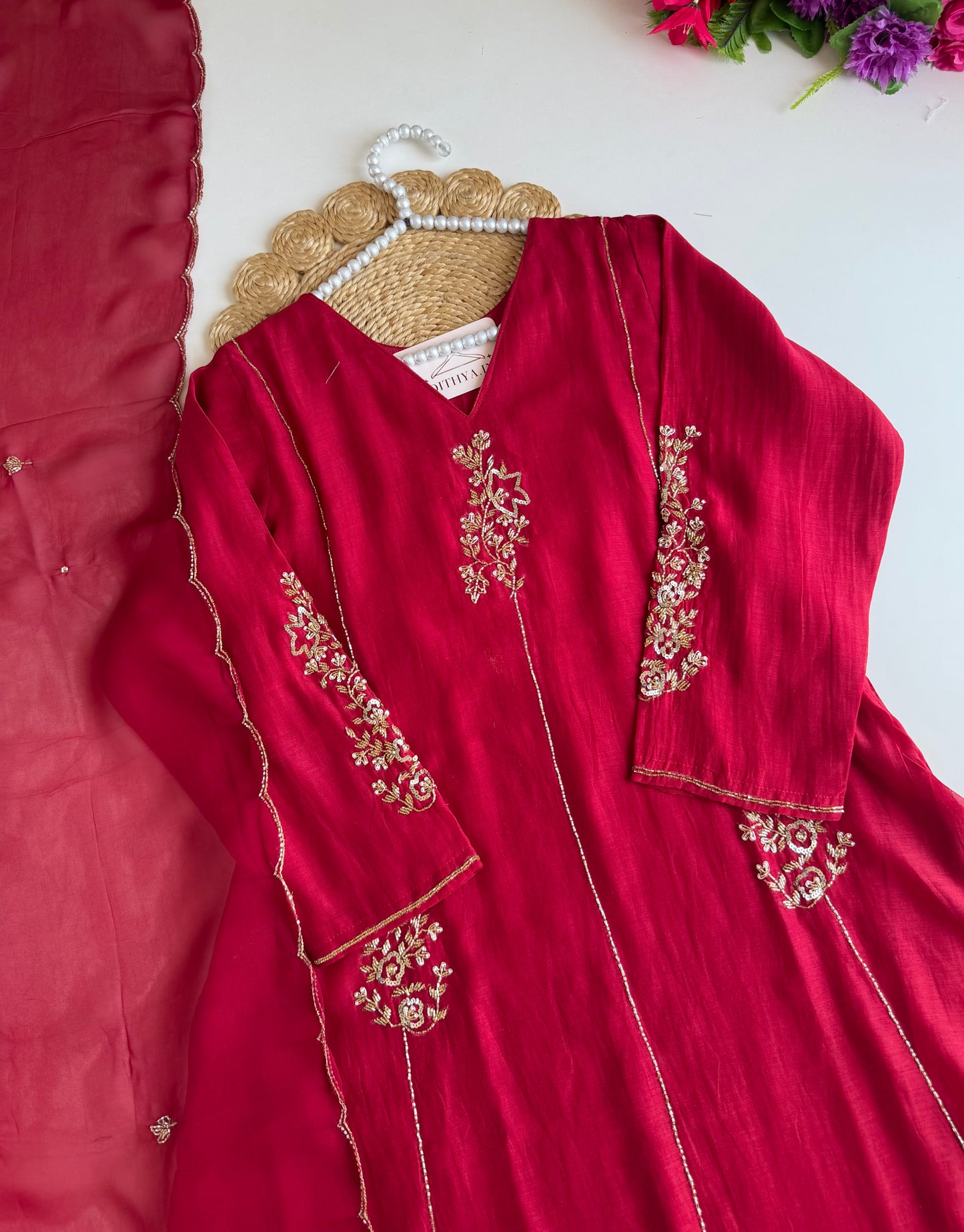 K106 - Mul chanderi handwork Aline Kurti with pants and dupatta
