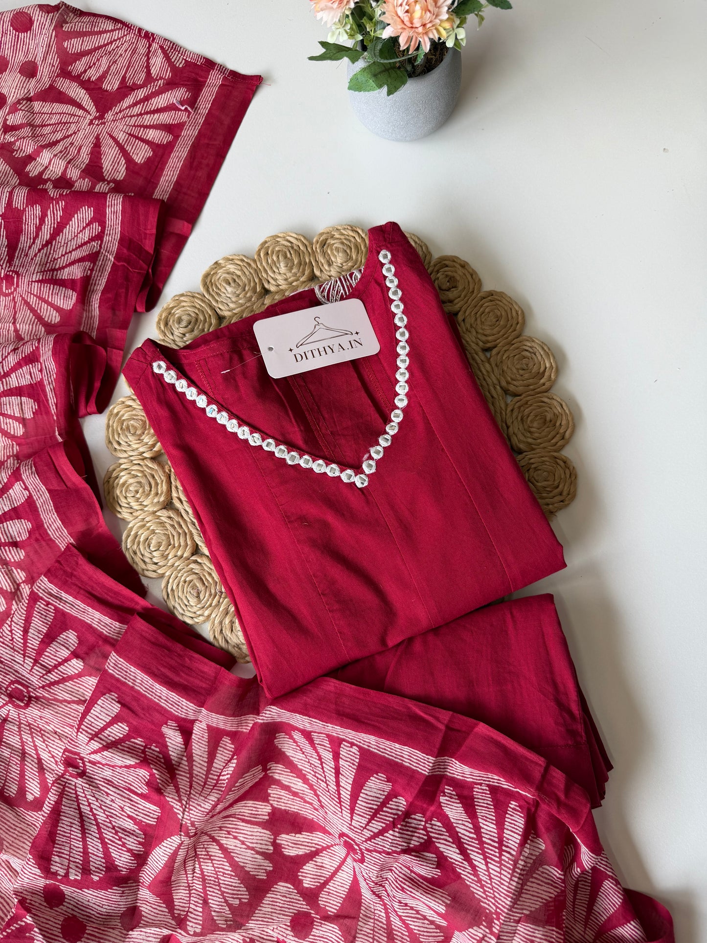 K634 - Mul cotton embroidered Anarkali with pants and dupatta