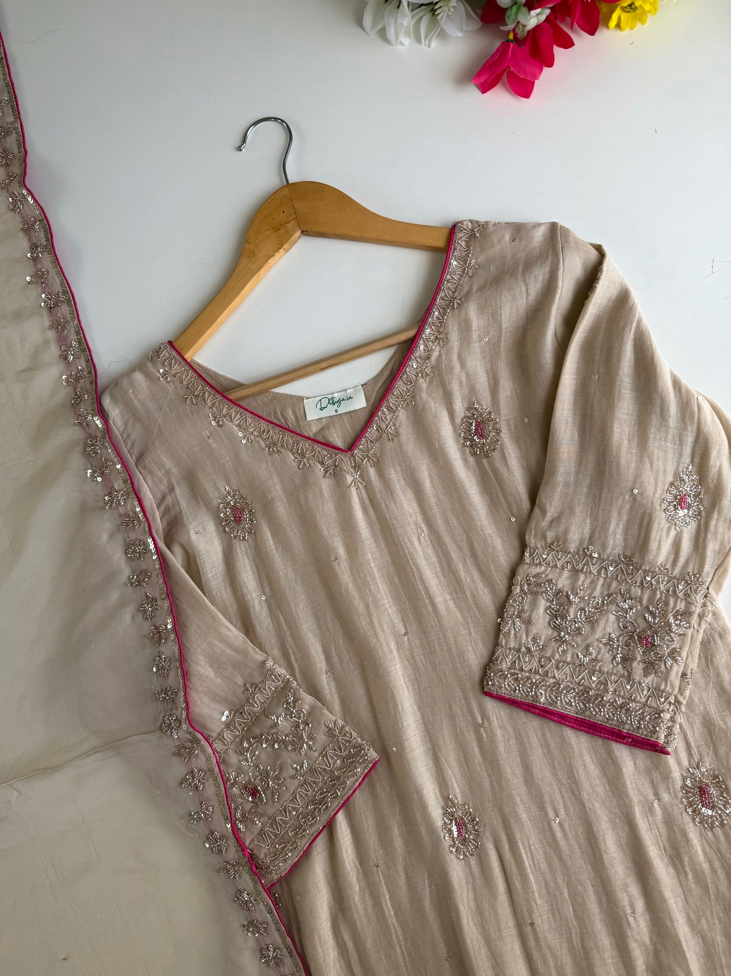 K281 - Mul chanderi handwork straight Kurti with pants and dupatta
