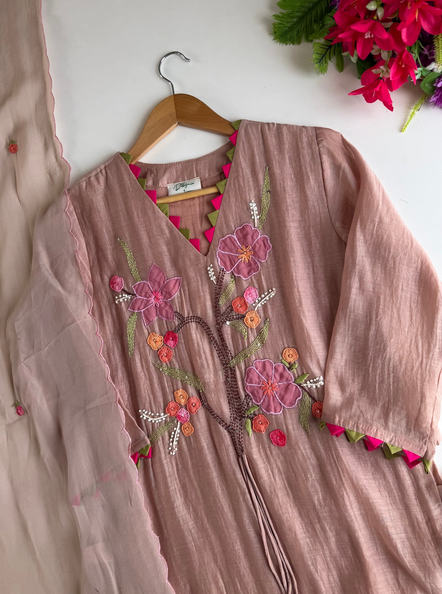 K701 - Mul chanderi embroidered Aline Kurti with pants and dupatta