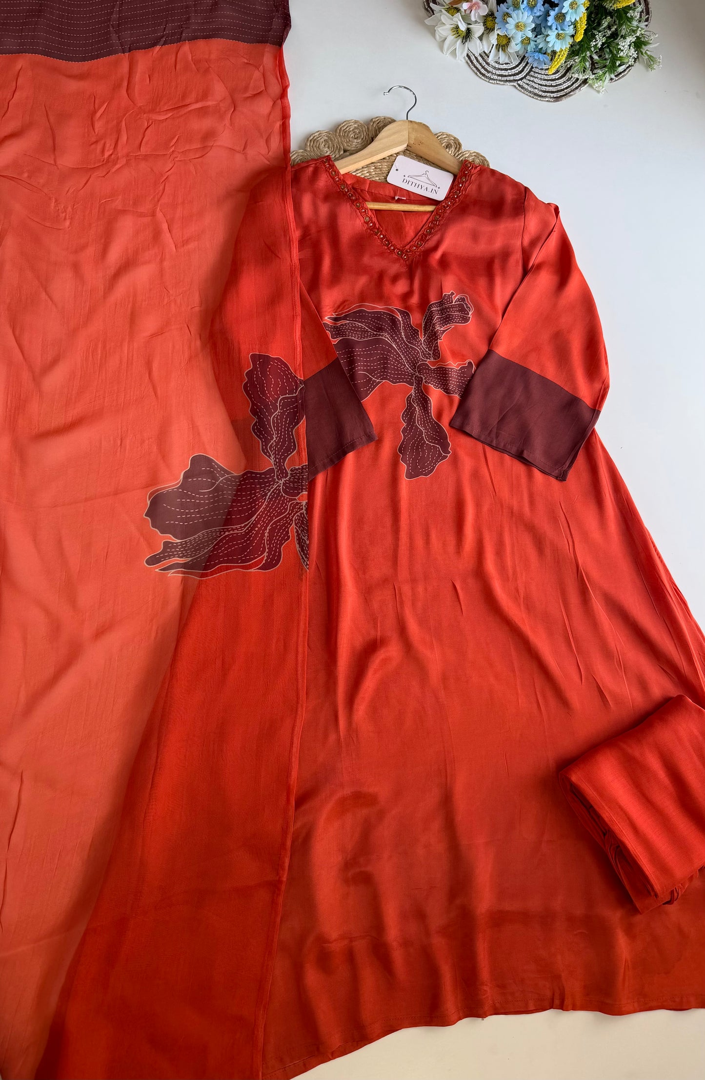 K336 - Muslin silk handwork Aline Kurti with pants and dupatta