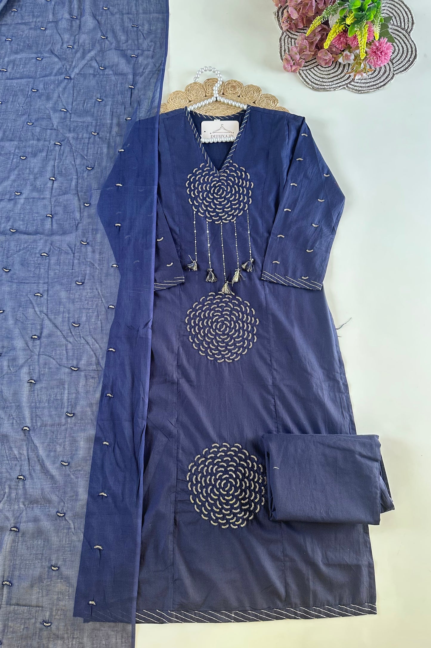 K473 - Mul cotton embroidered straight Kurti with pants and dupatta